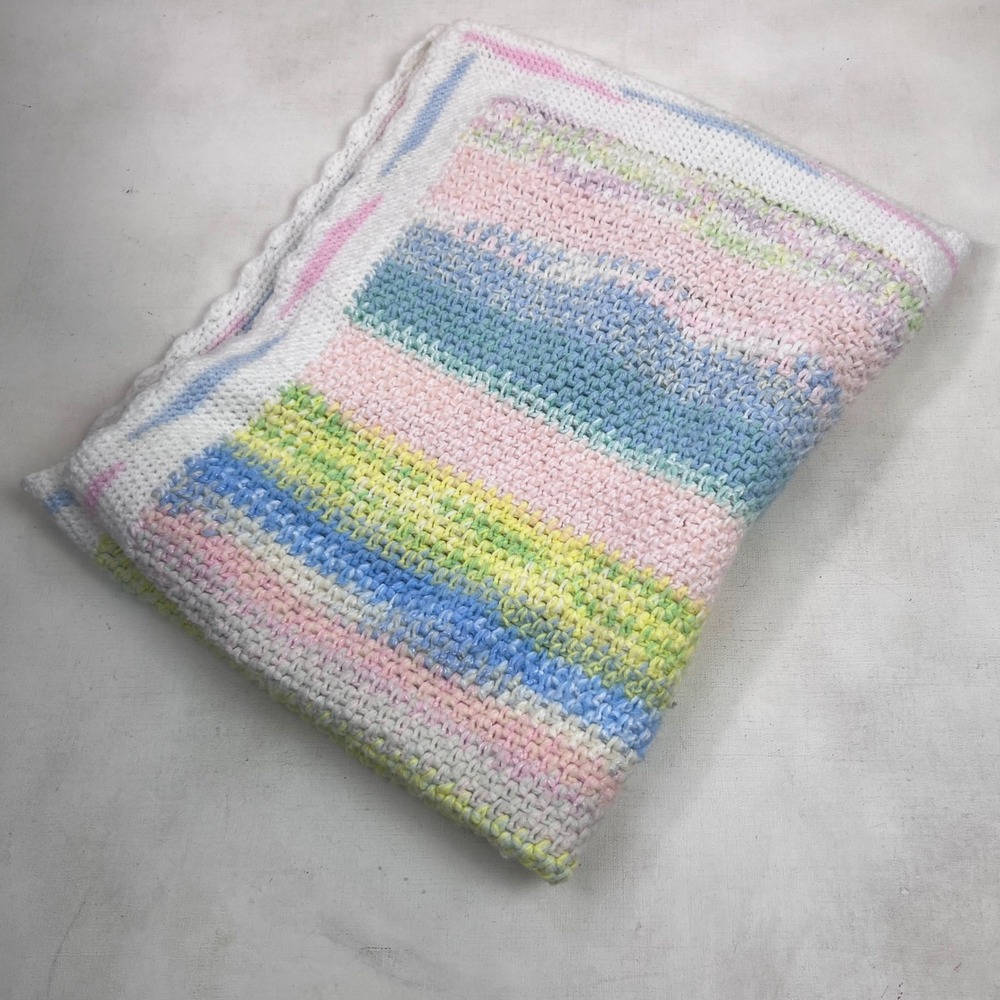 Vtg Pastel‎ Crochet Baby Blanket, Handmade Knit Stripes White Trim Soft READ - Picture 6 of 7
